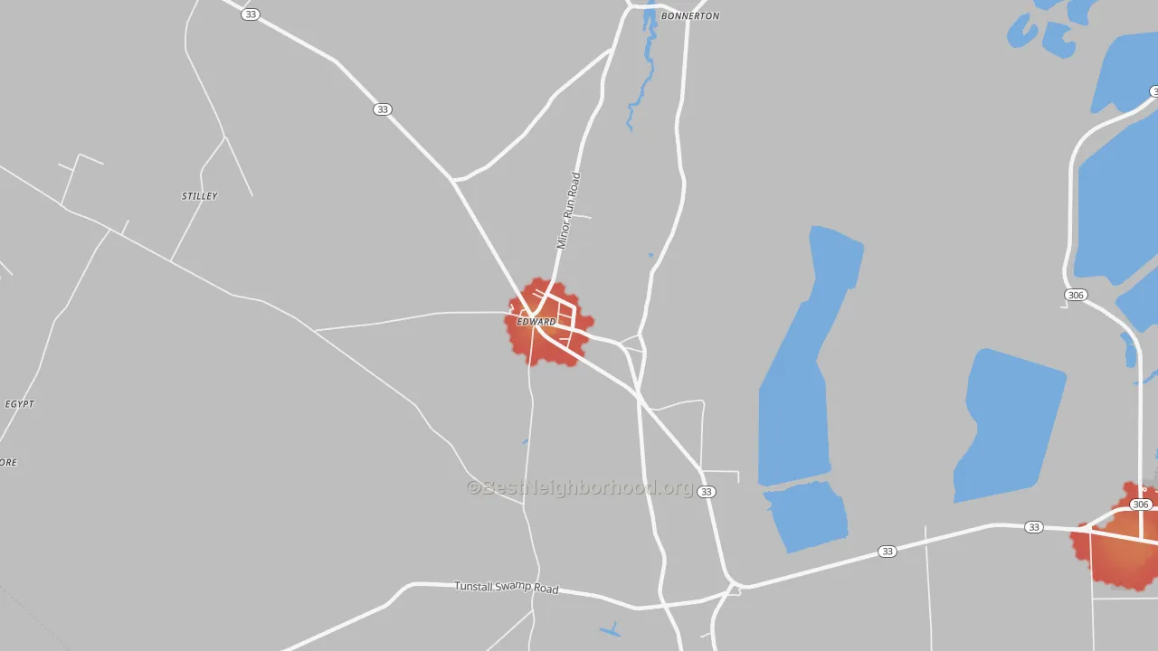 Walk Grade map of Edward, NC, walkable areas in green and car-dependent areas in red