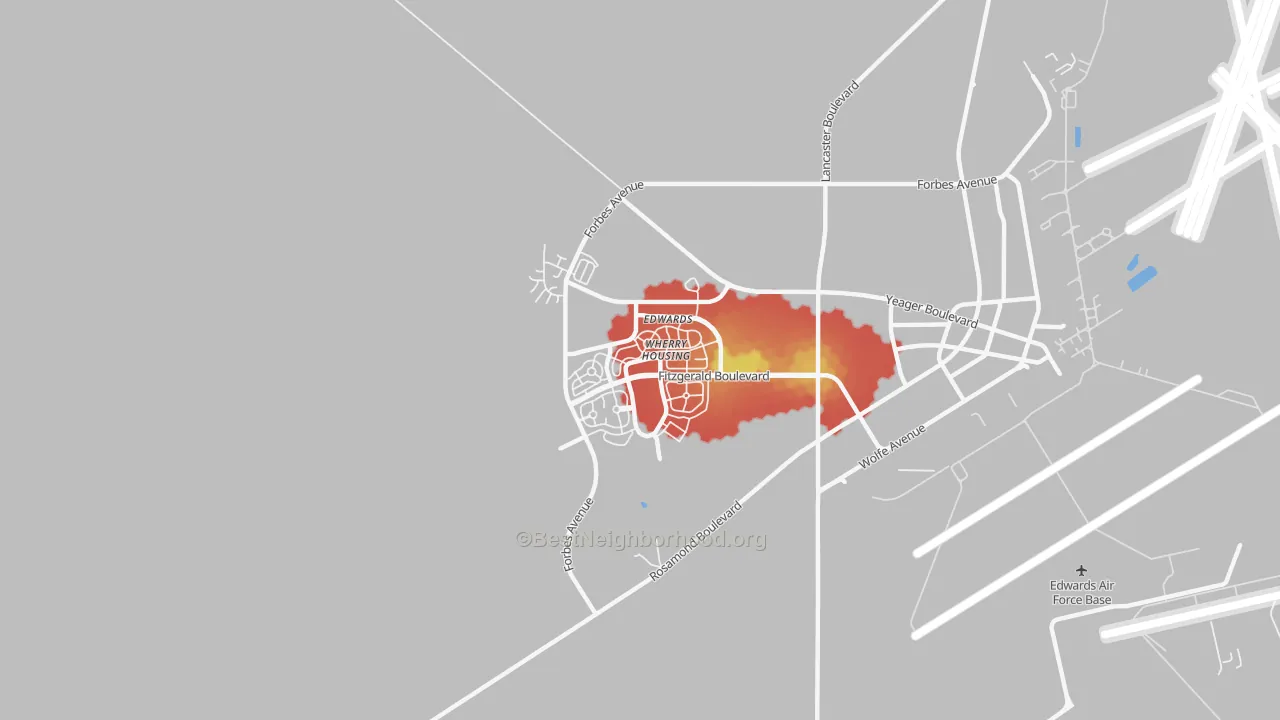 Walk Grade map of Edwards AFB, CA, walkable areas in green and car-dependent areas in red