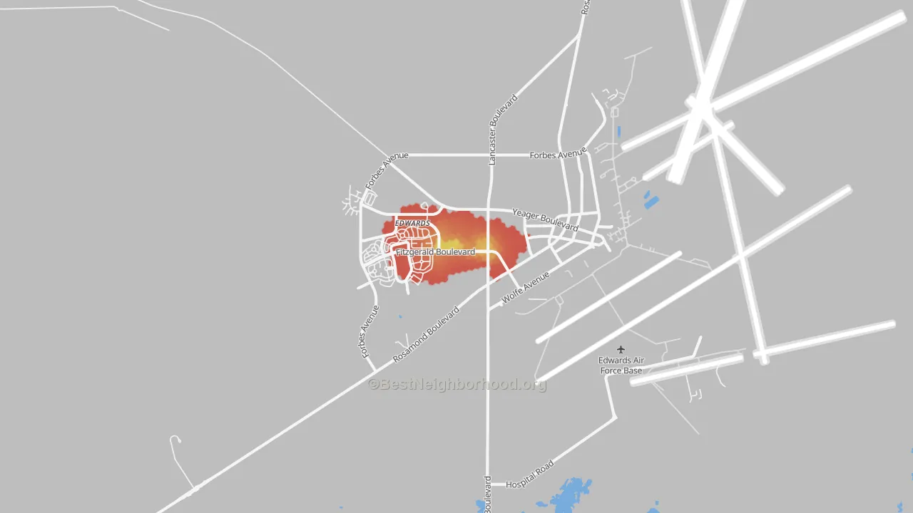 Walk Grade map of Edwards Air Force Base, CA, walkable areas in green and car-dependent areas in red