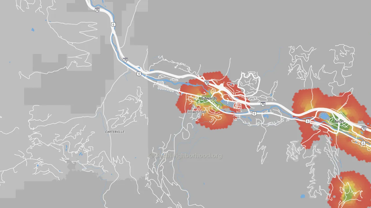 Walk Grade map of Edwards, CO, walkable areas in green and car-dependent areas in red