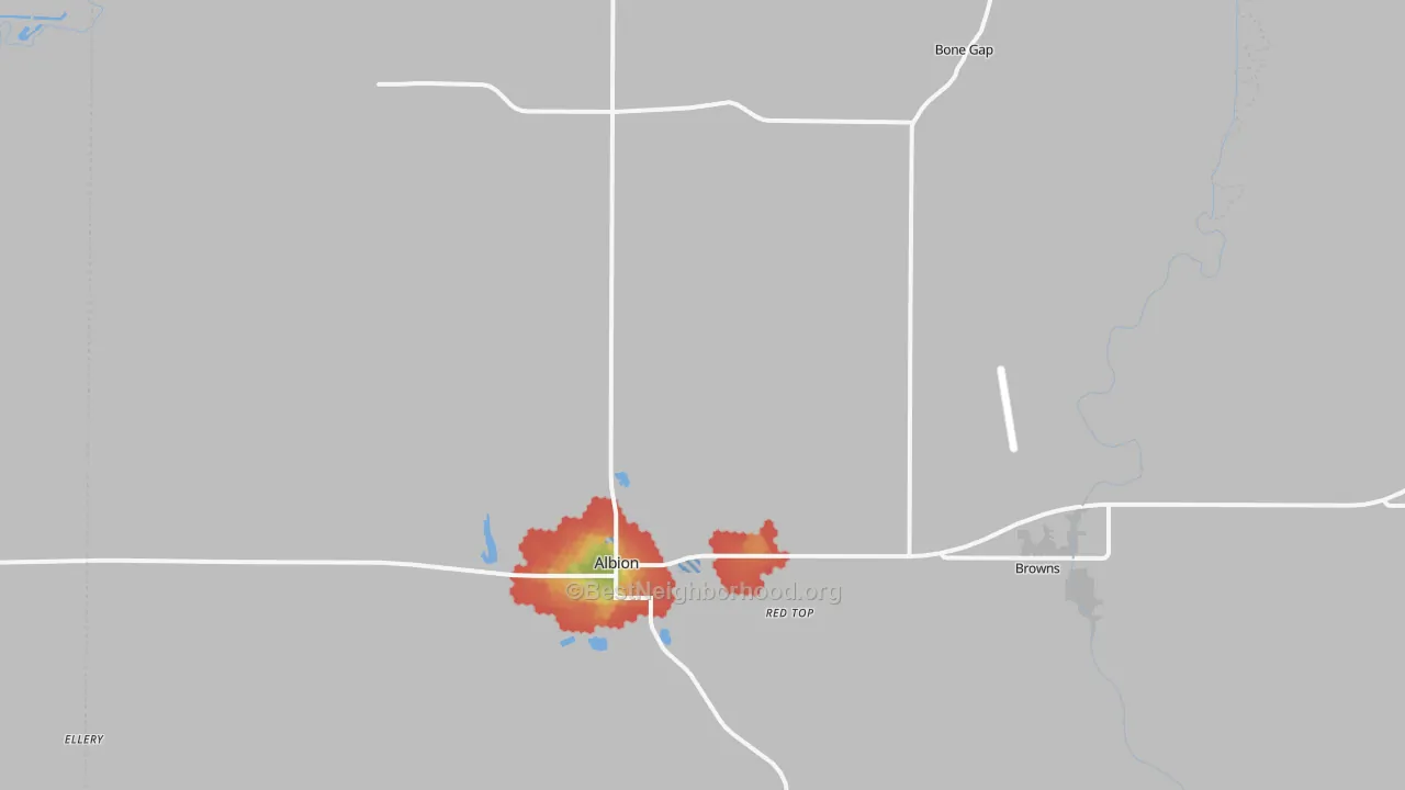 Walk Grade map of Edwards County, IL, walkable areas in green and car-dependent areas in red