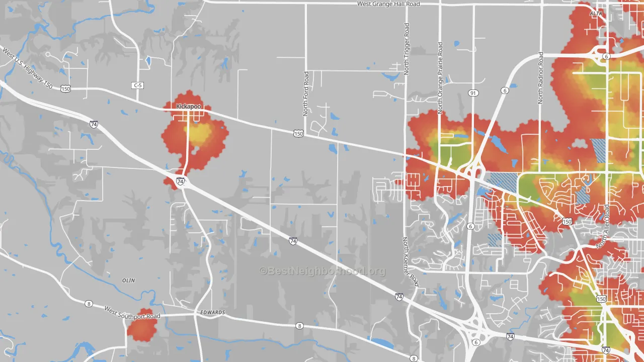 Walk Grade map of Edwards, IL, walkable areas in green and car-dependent areas in red