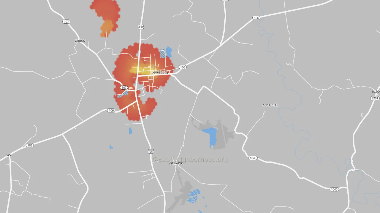 Walk Grade map of Edwards, KY, walkable areas in green and car-dependent areas in red