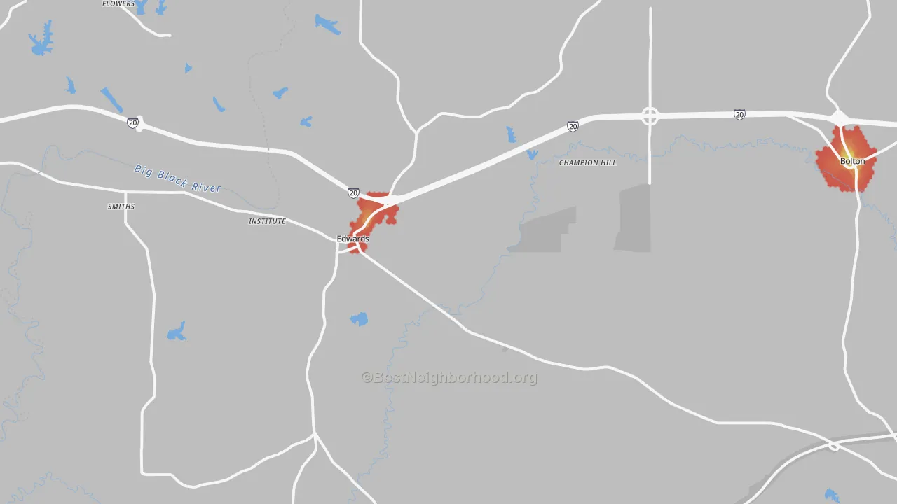 Walk Grade map of Edwards, MS, walkable areas in green and car-dependent areas in red