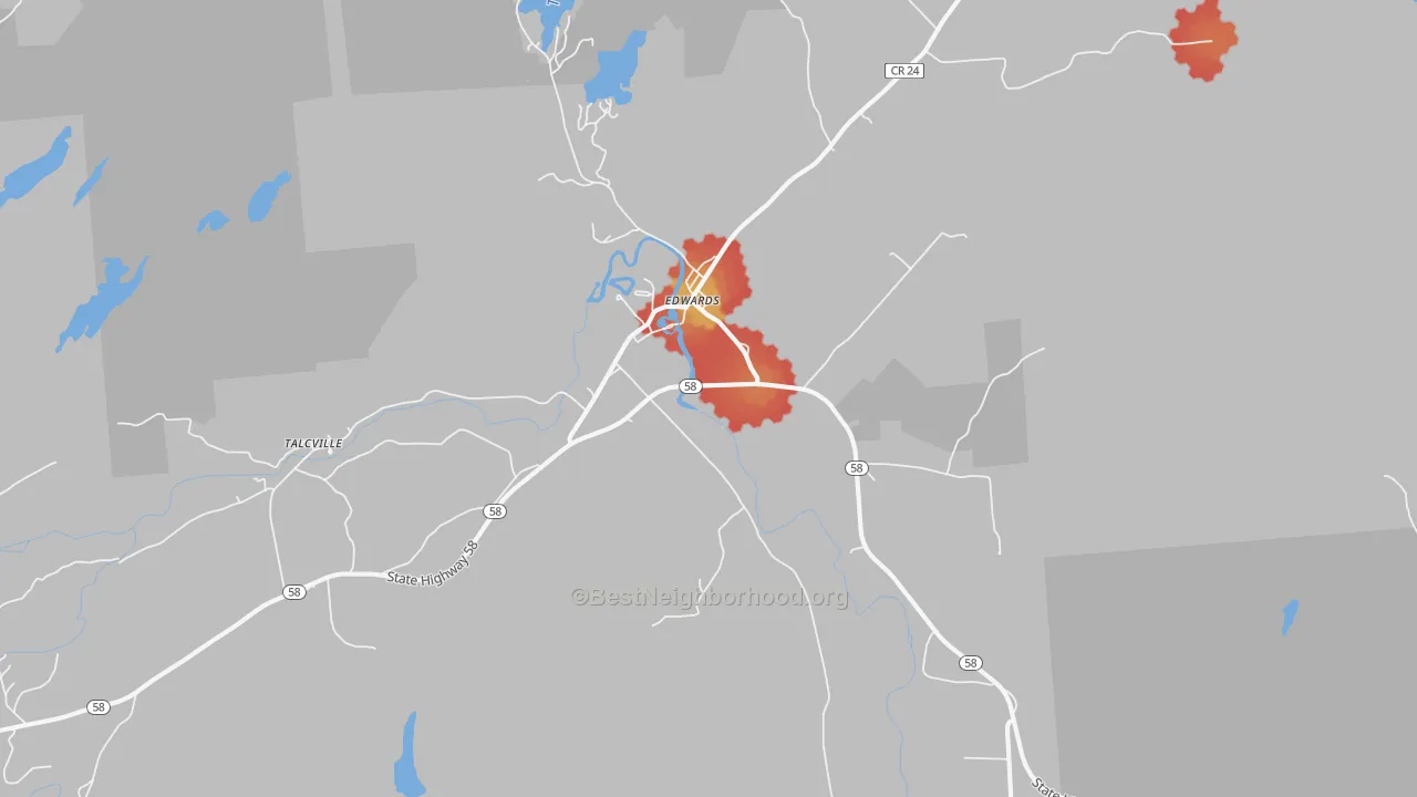 Walk Grade map of Edwards, NY, walkable areas in green and car-dependent areas in red