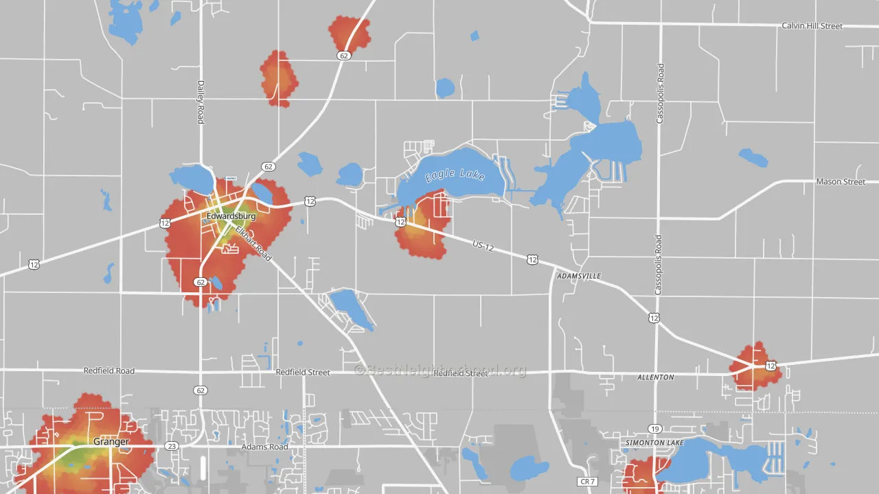 Walk Grade map of Edwardsburg, MI, walkable areas in green and car-dependent areas in red