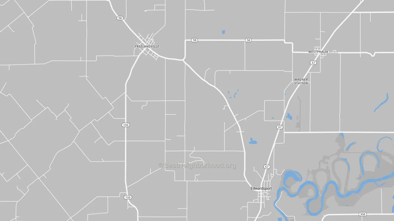 Walk Grade map of Edwardsport, IN, walkable areas in green and car-dependent areas in red