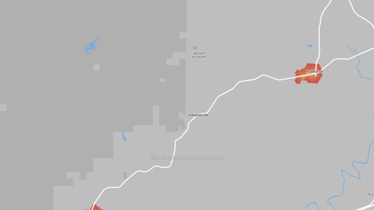 Walk Grade map of Edwardsville, AL, walkable areas in green and car-dependent areas in red
