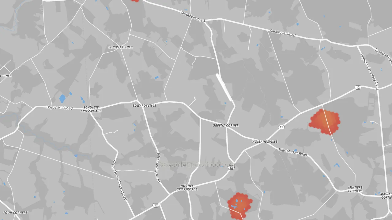 Walk Grade map of Edwardsville, DE, walkable areas in green and car-dependent areas in red