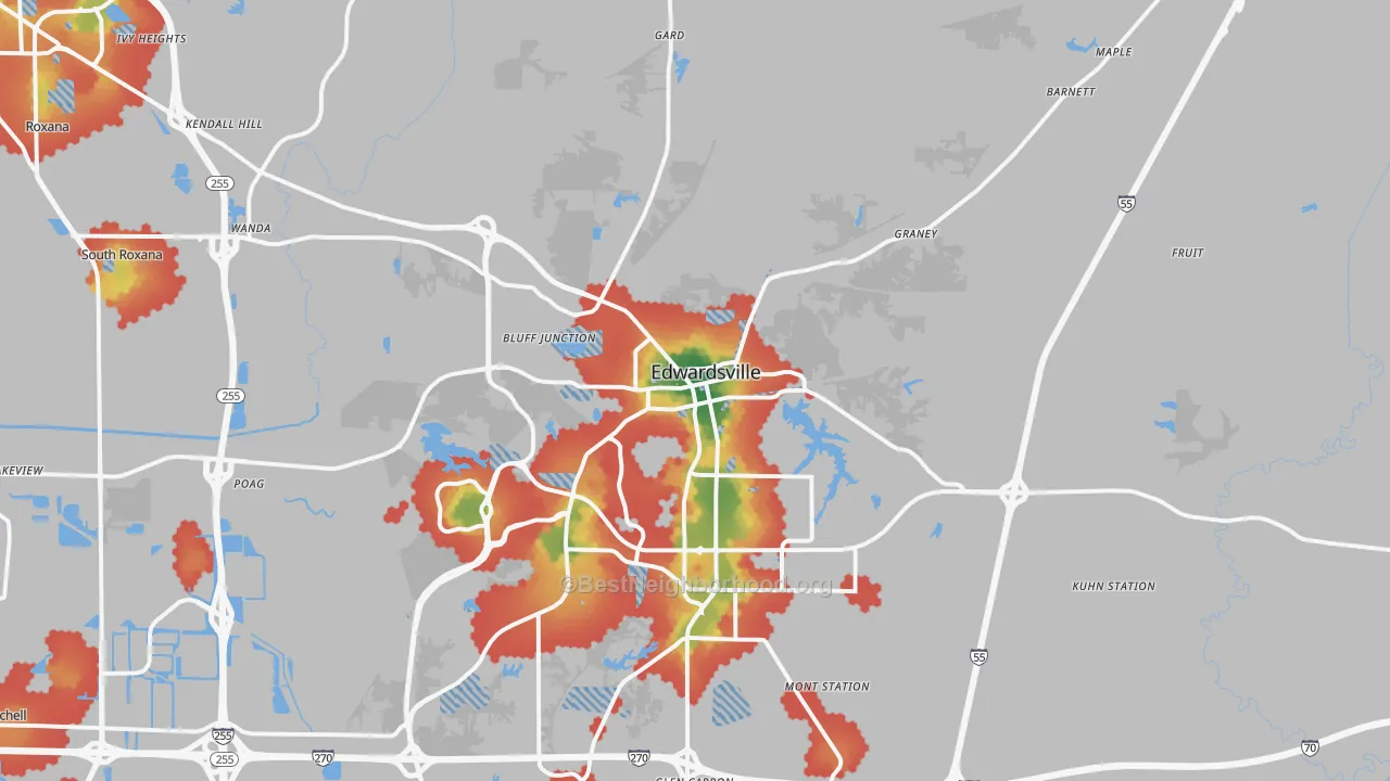 Walk Grade map of Edwardsville, IL, walkable areas in green and car-dependent areas in red