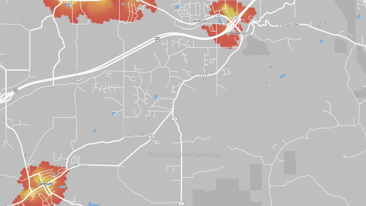 Walk Grade map of Edwardsville, IN, walkable areas in green and car-dependent areas in red