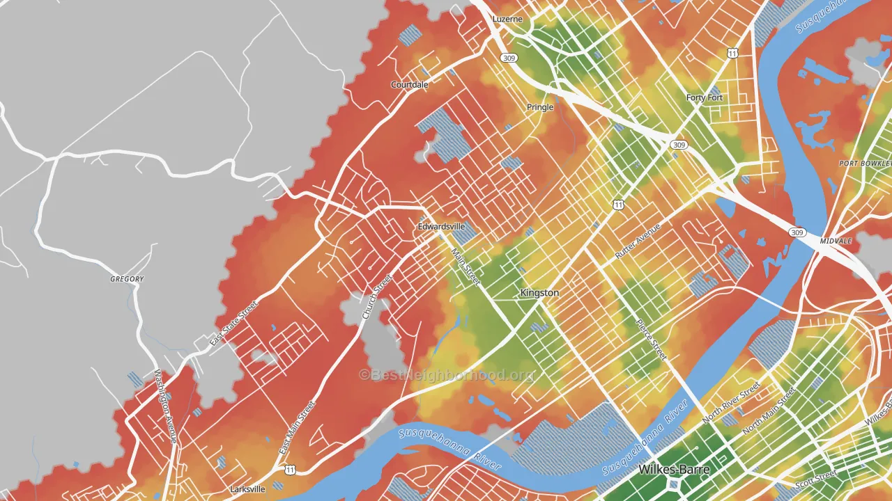 Walk Grade map of Edwardsville, PA, walkable areas in green and car-dependent areas in red