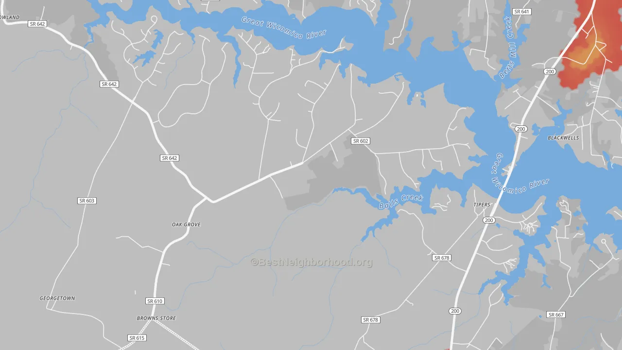 Walk Grade map of Edwardsville, VA, walkable areas in green and car-dependent areas in red