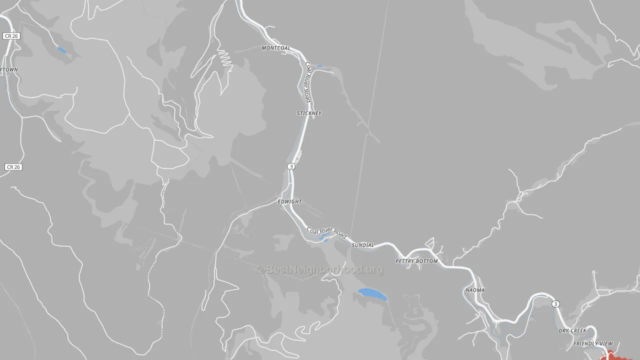 Walk Grade map of Edwight, WV, walkable areas in green and car-dependent areas in red