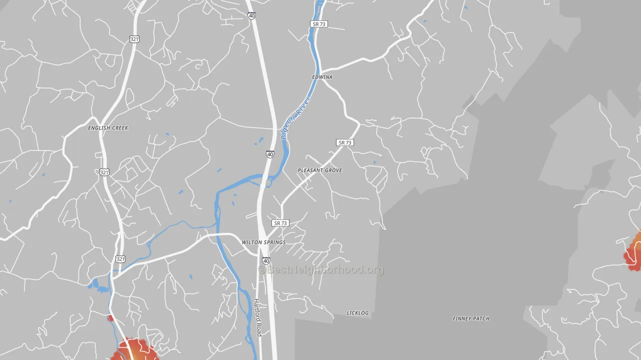 Walk Grade map of Edwina, TN, walkable areas in green and car-dependent areas in red