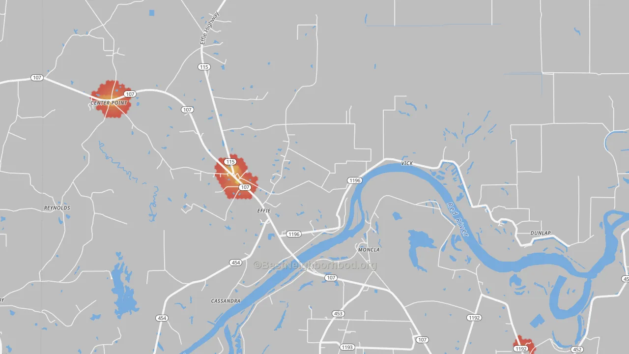 Walk Grade map of Effie, LA, walkable areas in green and car-dependent areas in red