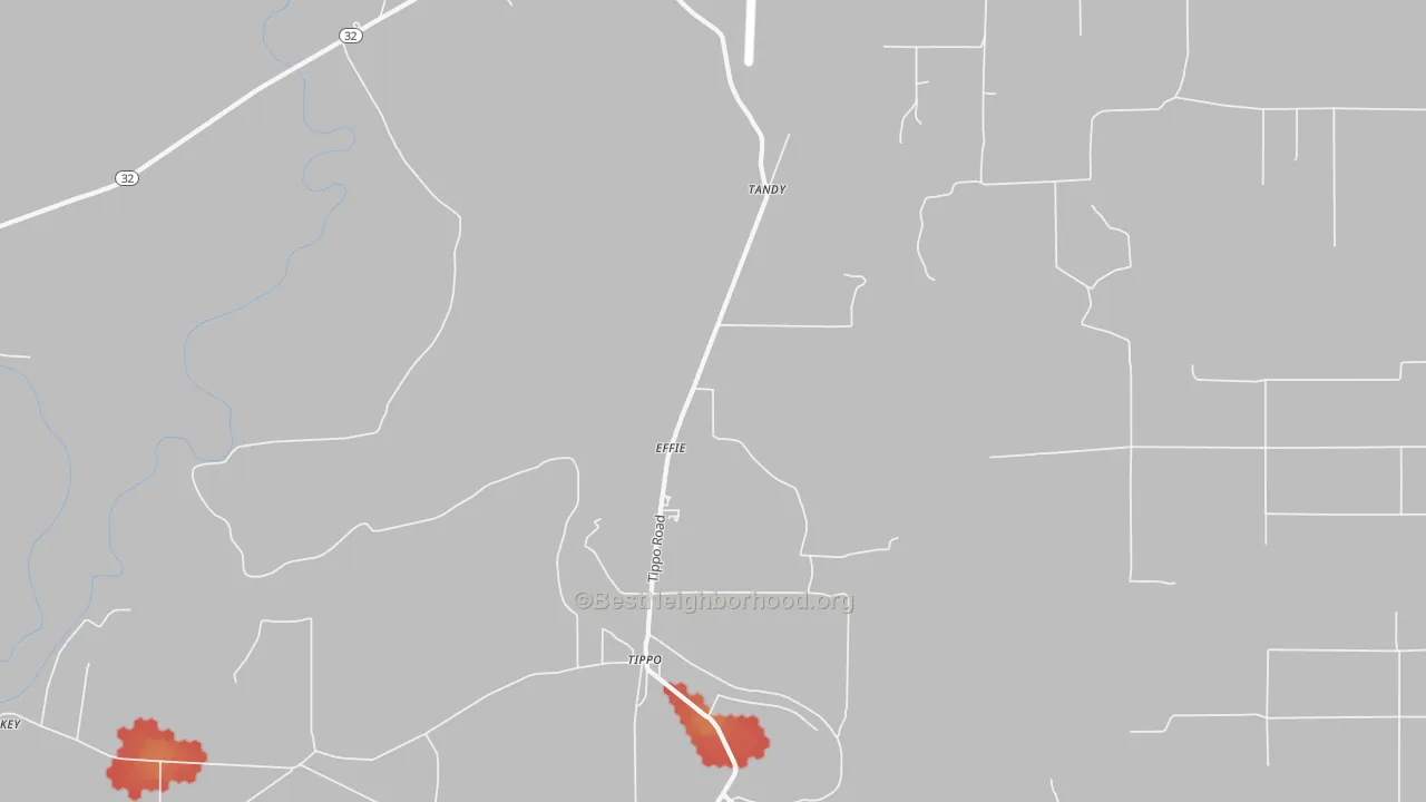 Walk Grade map of Effie, MS, walkable areas in green and car-dependent areas in red