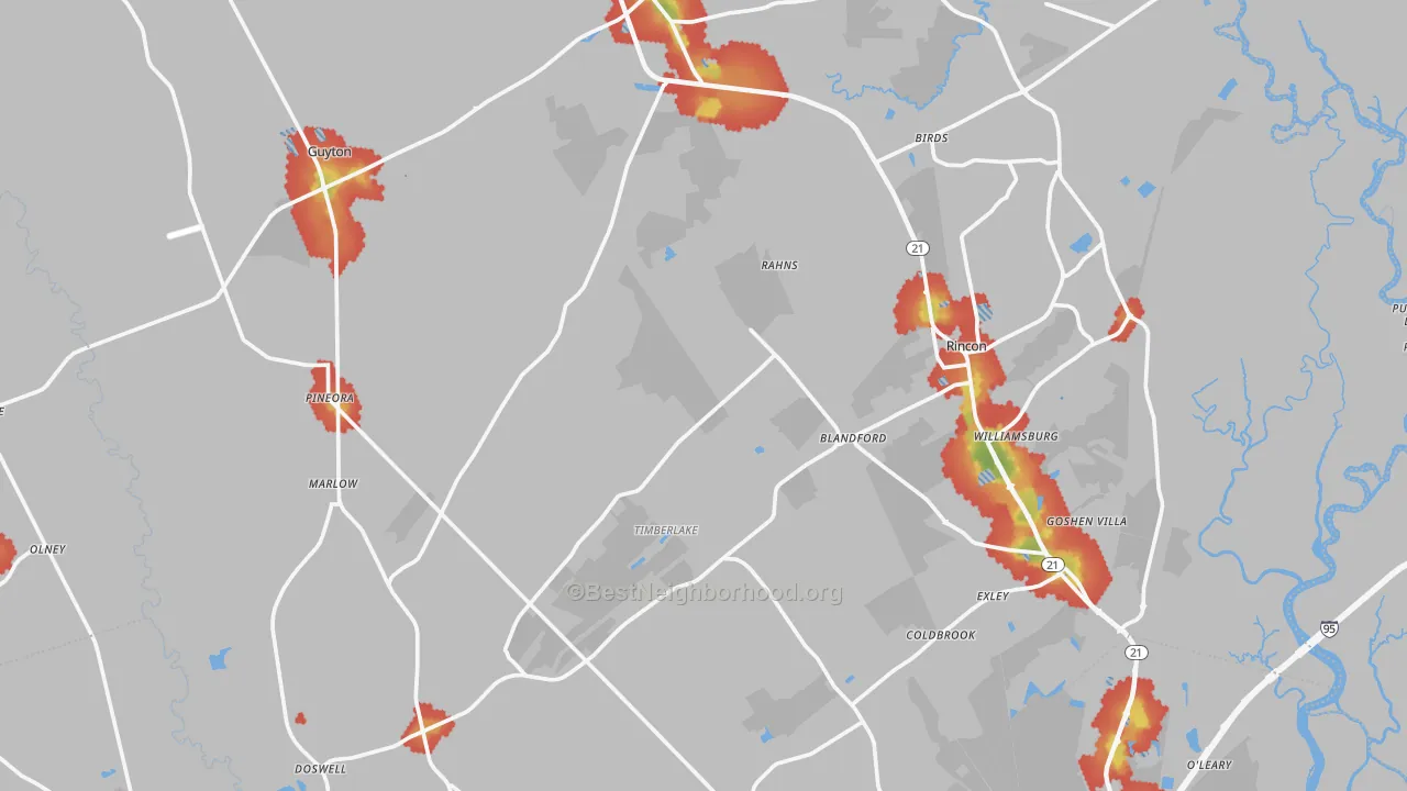Walk Grade map of Effingham County, GA, walkable areas in green and car-dependent areas in red