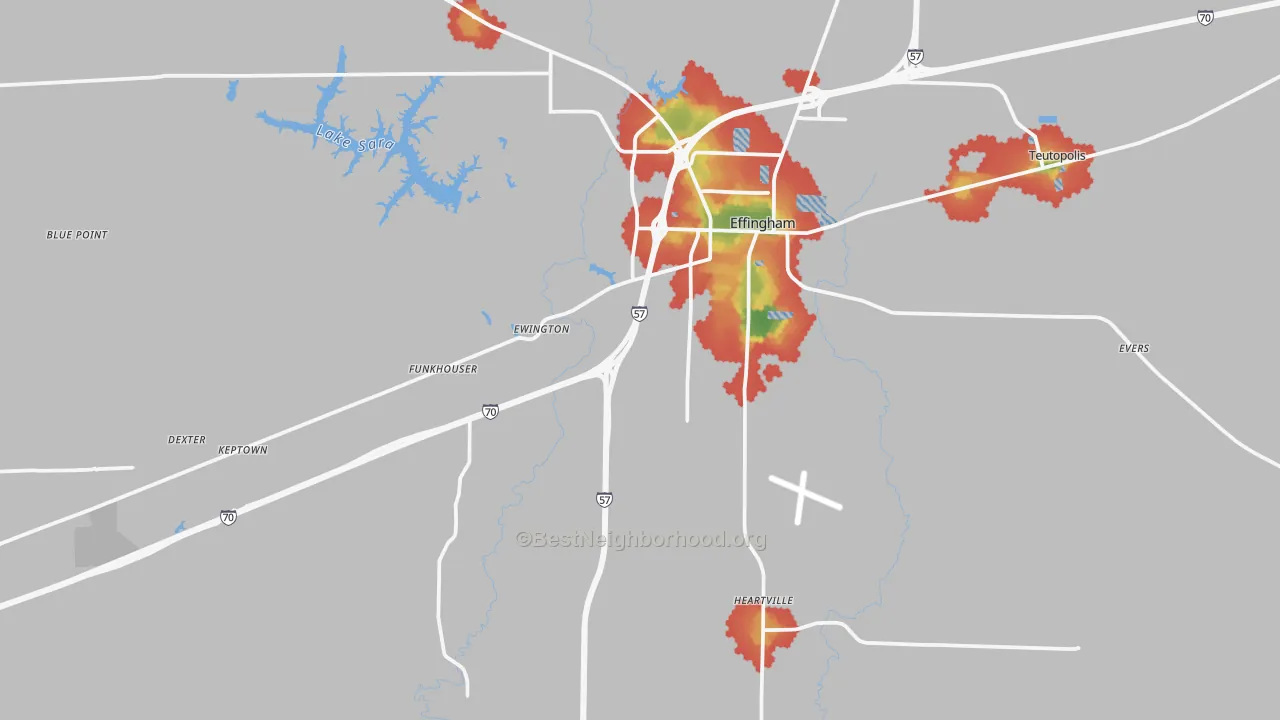Walk Grade map of Effingham County, IL, walkable areas in green and car-dependent areas in red