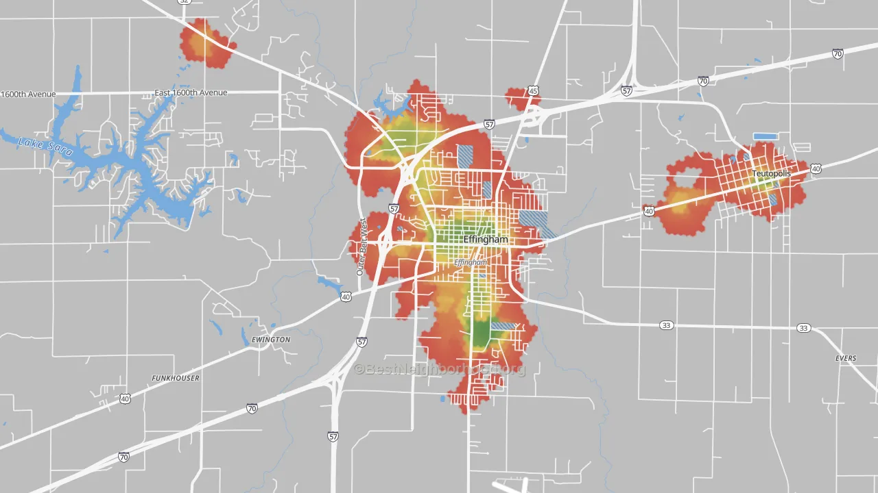 Walk Grade map of Effingham, IL, walkable areas in green and car-dependent areas in red