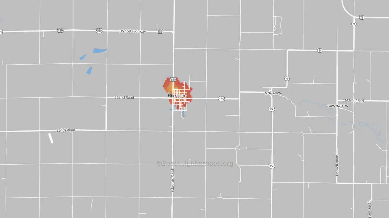 Walk Grade map of Effingham, KS, walkable areas in green and car-dependent areas in red