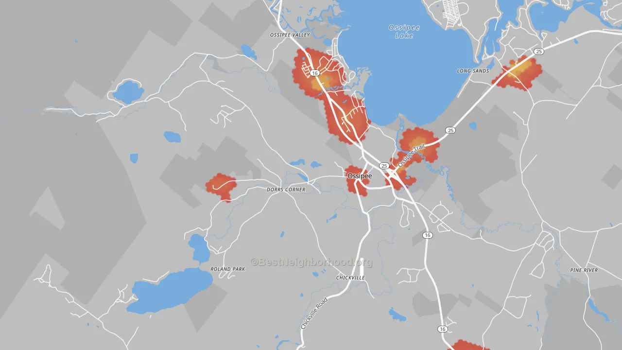 Walk Grade map of Effingham, NH, walkable areas in green and car-dependent areas in red