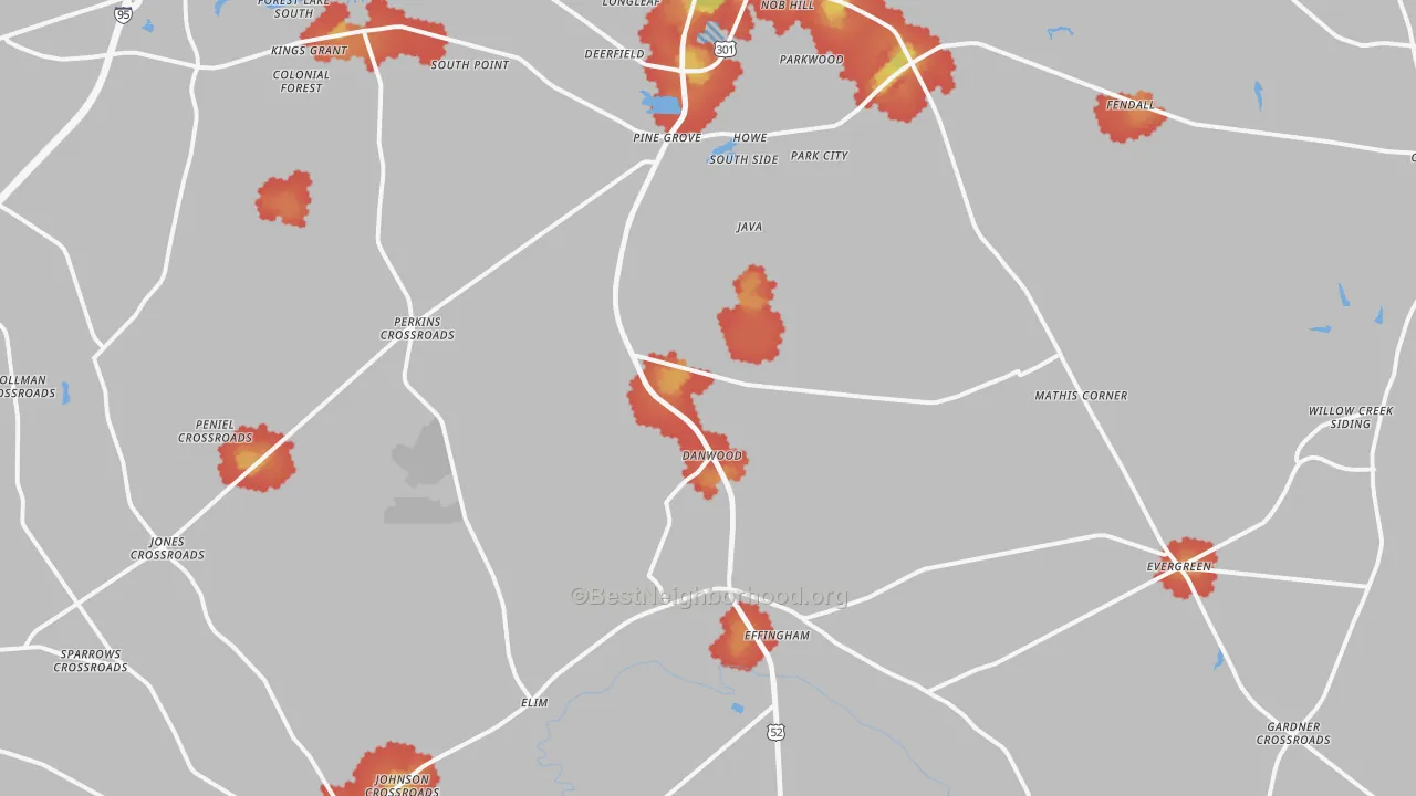 Walk Grade map of Effingham, SC, walkable areas in green and car-dependent areas in red