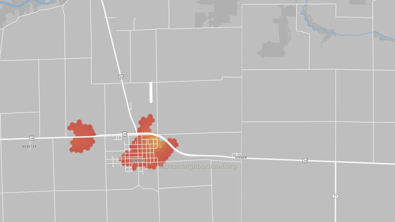 Walk Grade map of Effner, IL, walkable areas in green and car-dependent areas in red