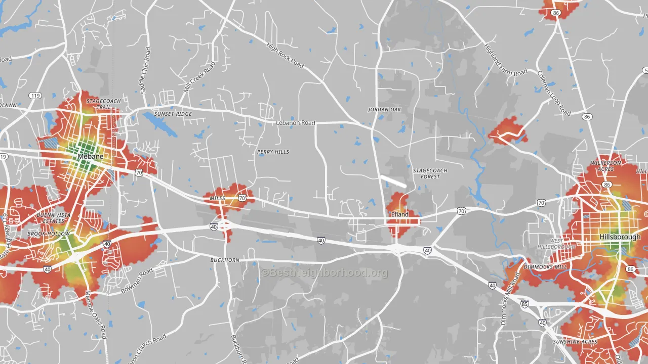 Walk Grade map of Efland, NC, walkable areas in green and car-dependent areas in red