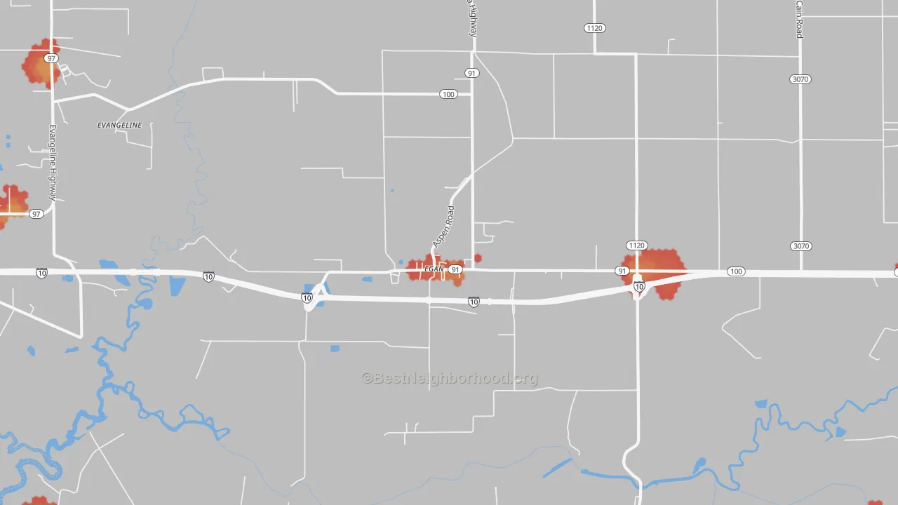 Walk Grade map of Egan, LA, walkable areas in green and car-dependent areas in red