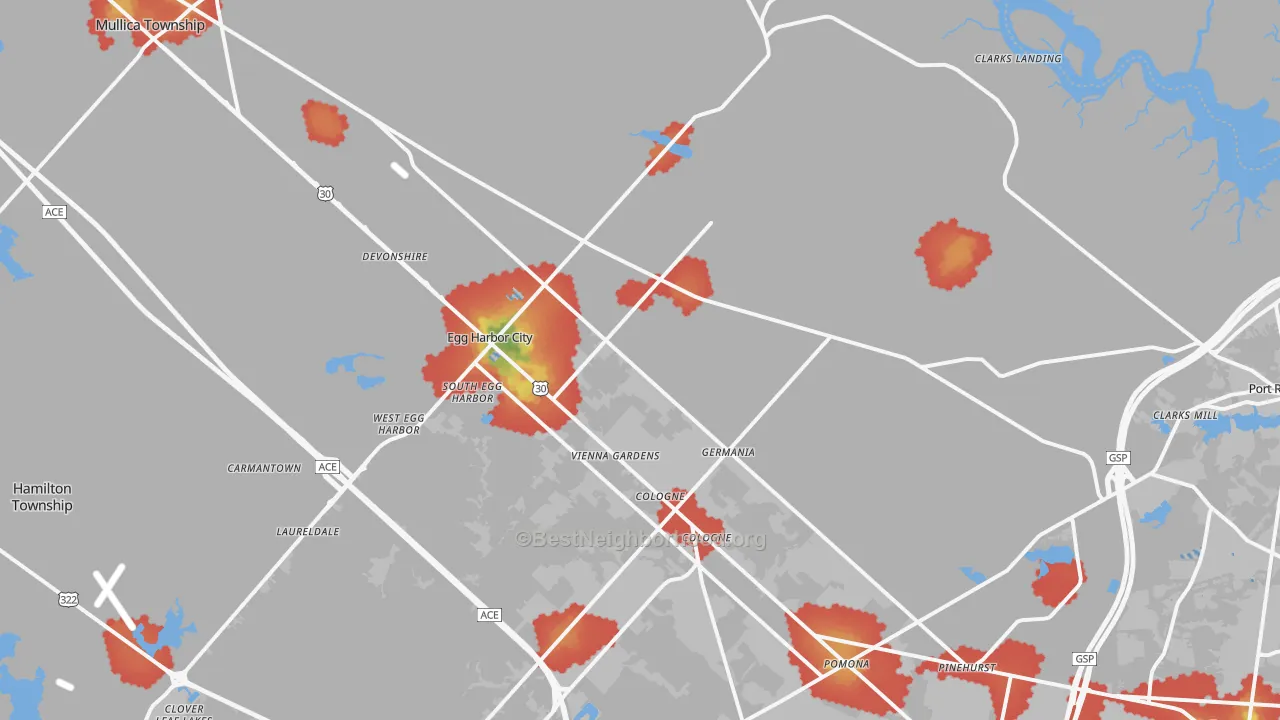 Walk Grade map of Egg Harbor City, NJ, walkable areas in green and car-dependent areas in red