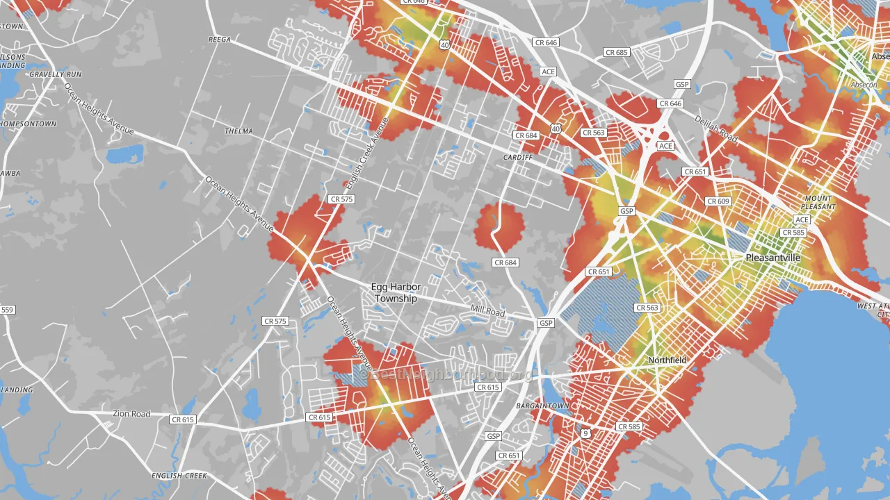 Walk Grade map of Egg Harbor Township, NJ, walkable areas in green and car-dependent areas in red