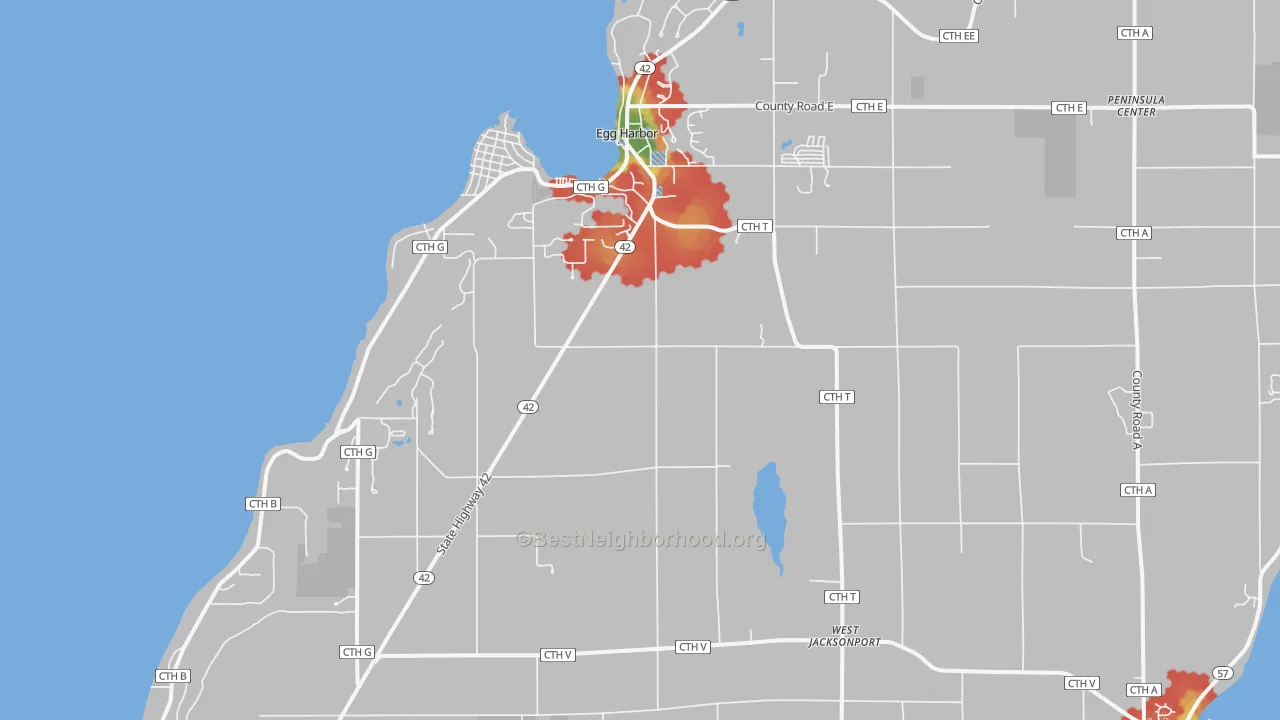 Walk Grade map of Egg Harbor, WI, walkable areas in green and car-dependent areas in red