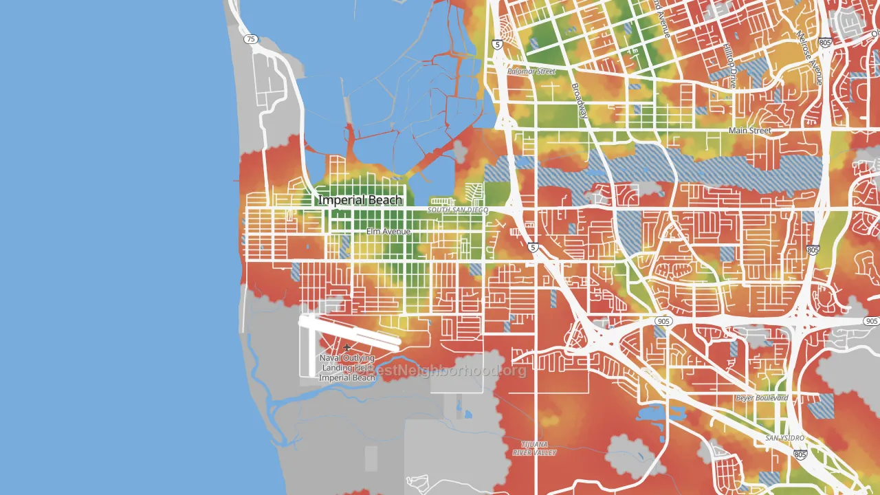 Walk Grade map of Egger Highlands, San Diego, CA, walkable areas in green and car-dependent areas in red