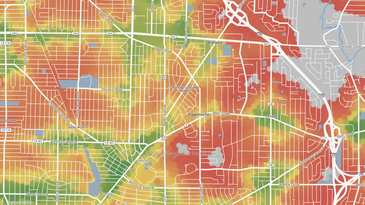 Walk Grade map of Eggertsville, NY, walkable areas in green and car-dependent areas in red