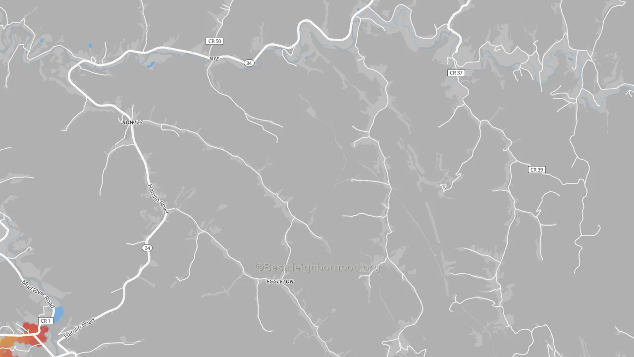 Walk Grade map of Eggleton, WV, walkable areas in green and car-dependent areas in red