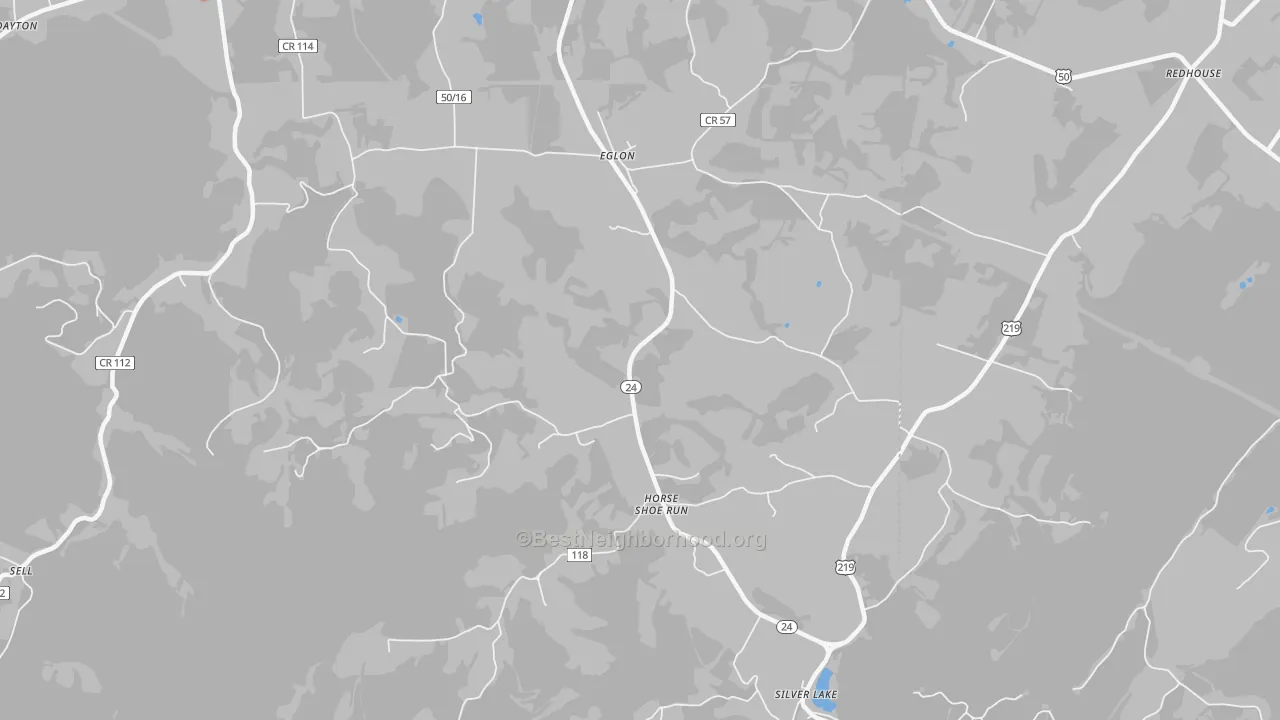 Walk Grade map of Eglon, WV, walkable areas in green and car-dependent areas in red