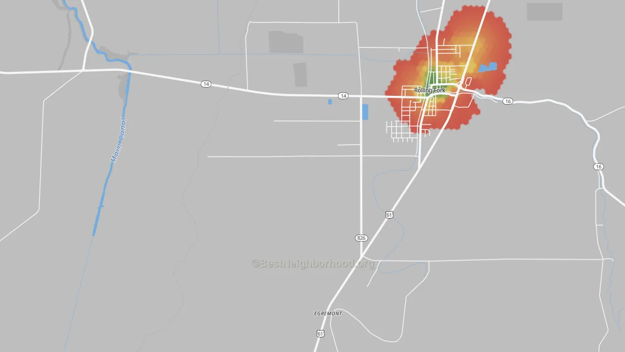 Walk Grade map of Egremont, MS, walkable areas in green and car-dependent areas in red