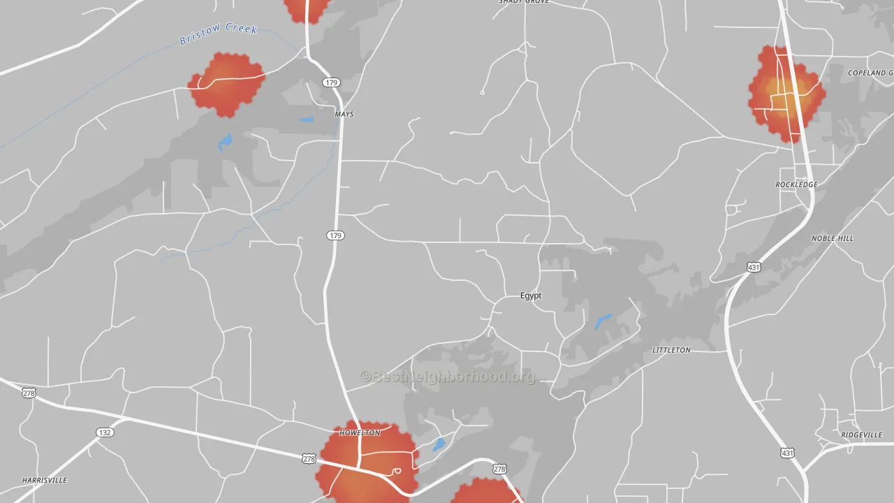 Walk Grade map of Egypt, AL, walkable areas in green and car-dependent areas in red