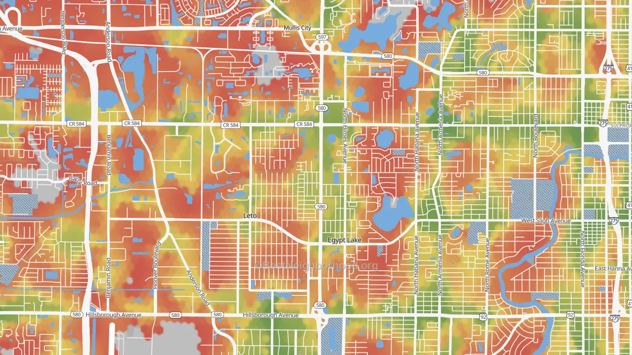 Walk Grade map of Egypt Lake-Leto, FL, walkable areas in green and car-dependent areas in red