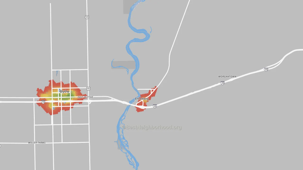 Walk Grade map of Ehrenberg, AZ, walkable areas in green and car-dependent areas in red