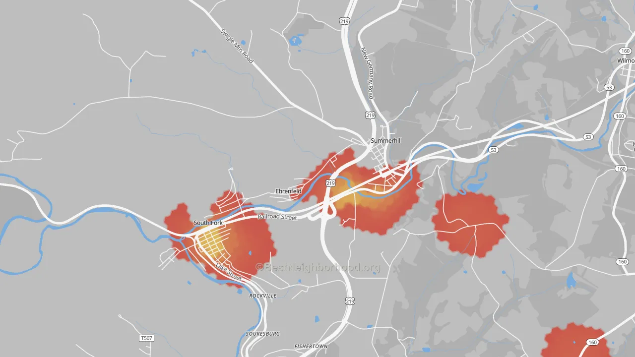 Walk Grade map of Ehrenfeld, PA, walkable areas in green and car-dependent areas in red