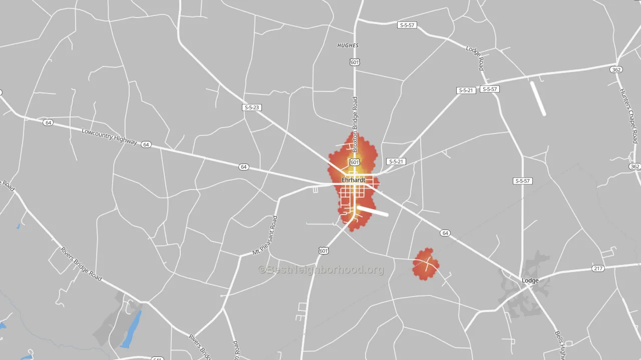 Walk Grade map of Ehrhardt, SC, walkable areas in green and car-dependent areas in red