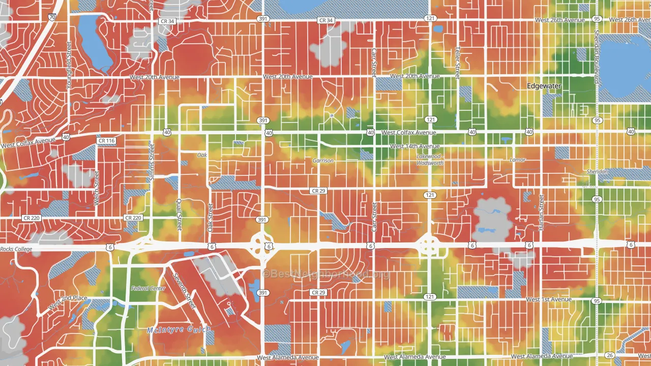 Walk Grade map of Eiber, Lakewood, CO, walkable areas in green and car-dependent areas in red