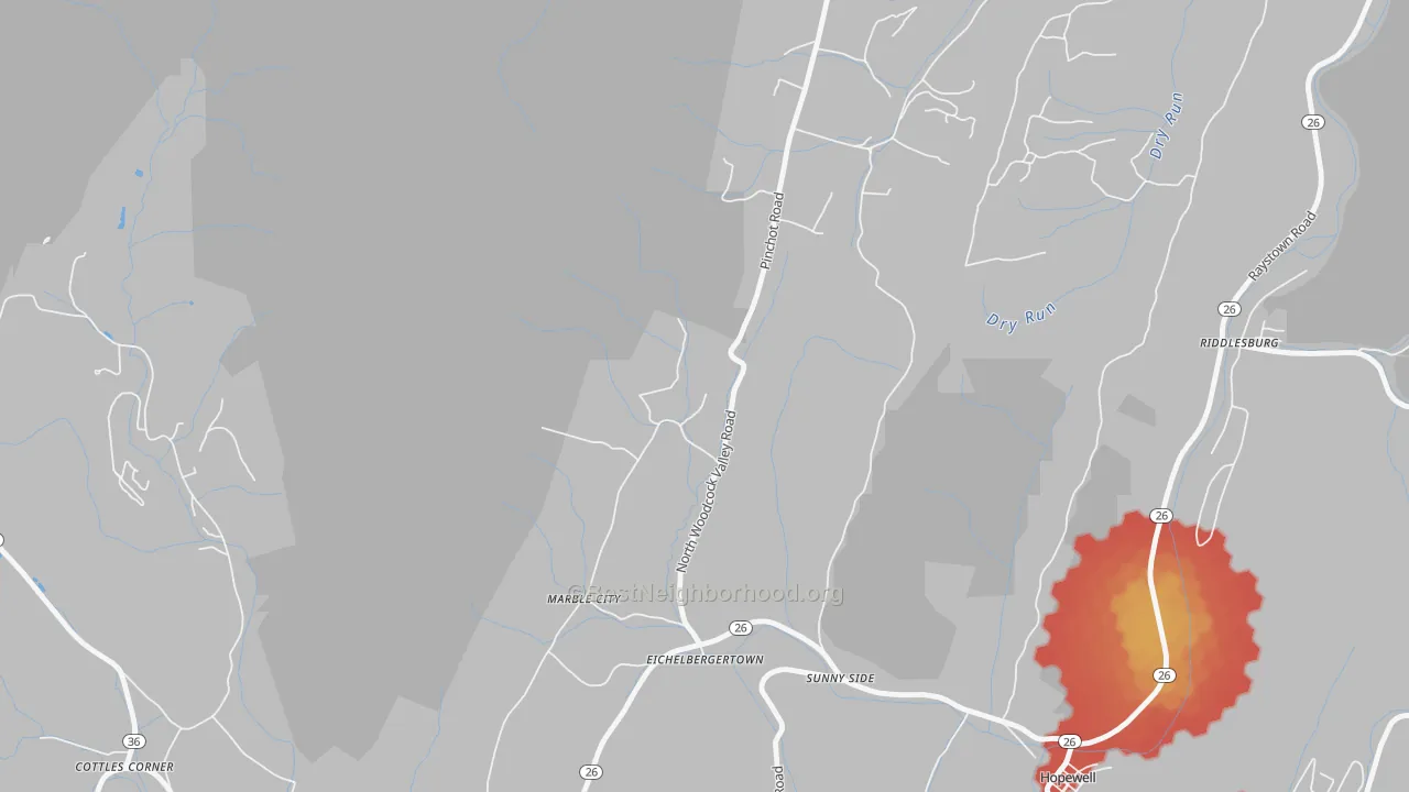 Walk Grade map of Eichelbergertown, PA, walkable areas in green and car-dependent areas in red