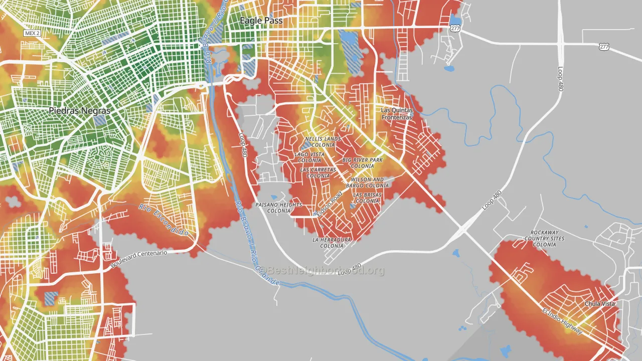 Walk Grade map of Eidson Road, TX, walkable areas in green and car-dependent areas in red