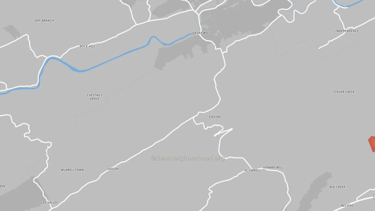 Walk Grade map of Eidson, TN, walkable areas in green and car-dependent areas in red
