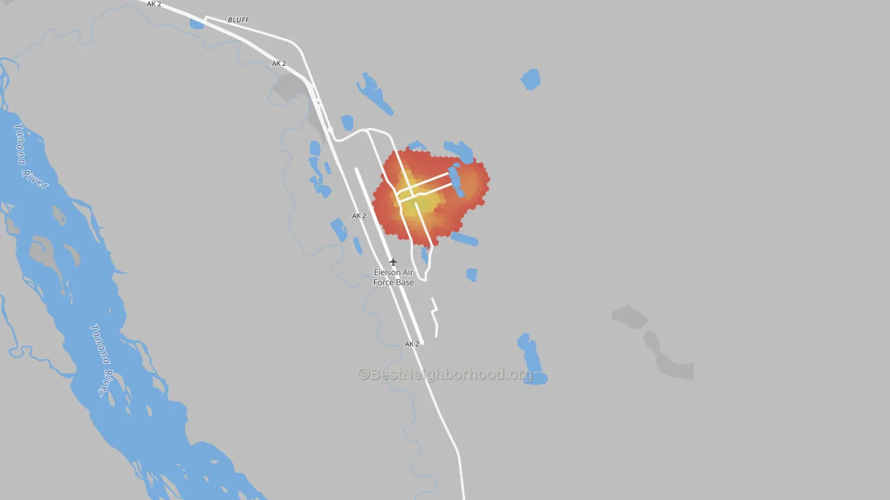 Walk Grade map of Eielson Afb, AK, walkable areas in green and car-dependent areas in red