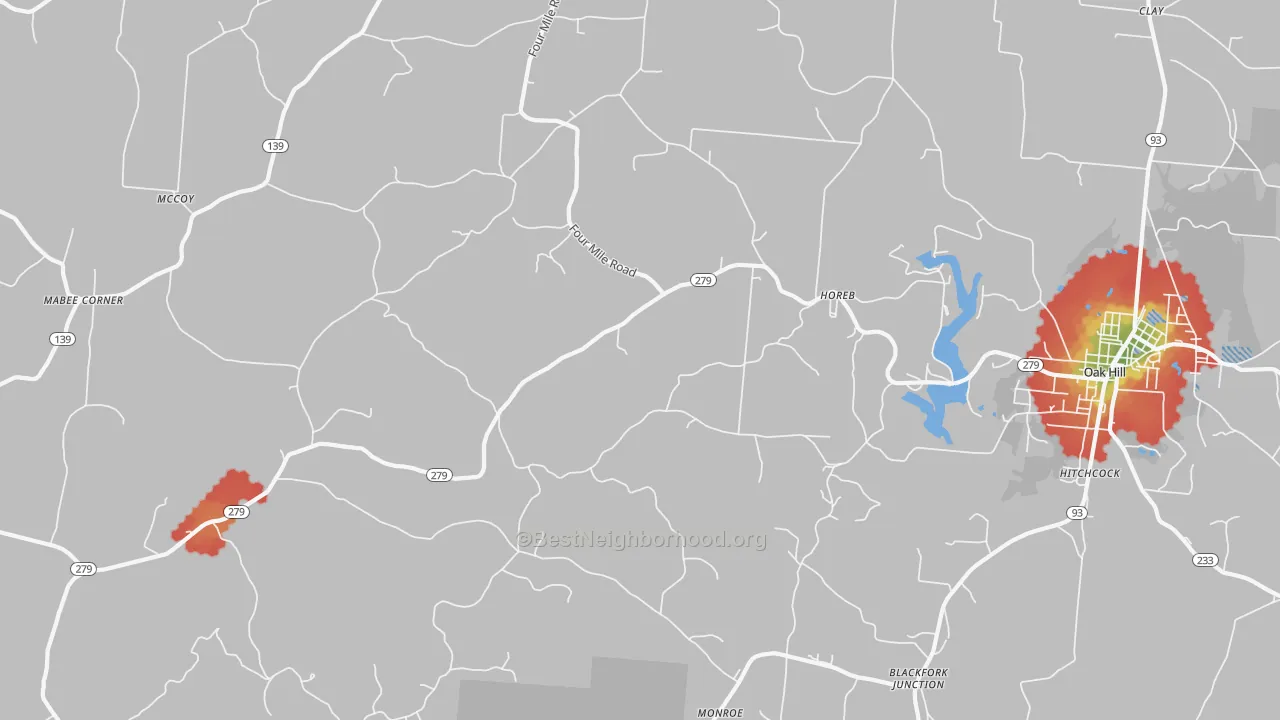 Walk Grade map of Eifort, OH, walkable areas in green and car-dependent areas in red
