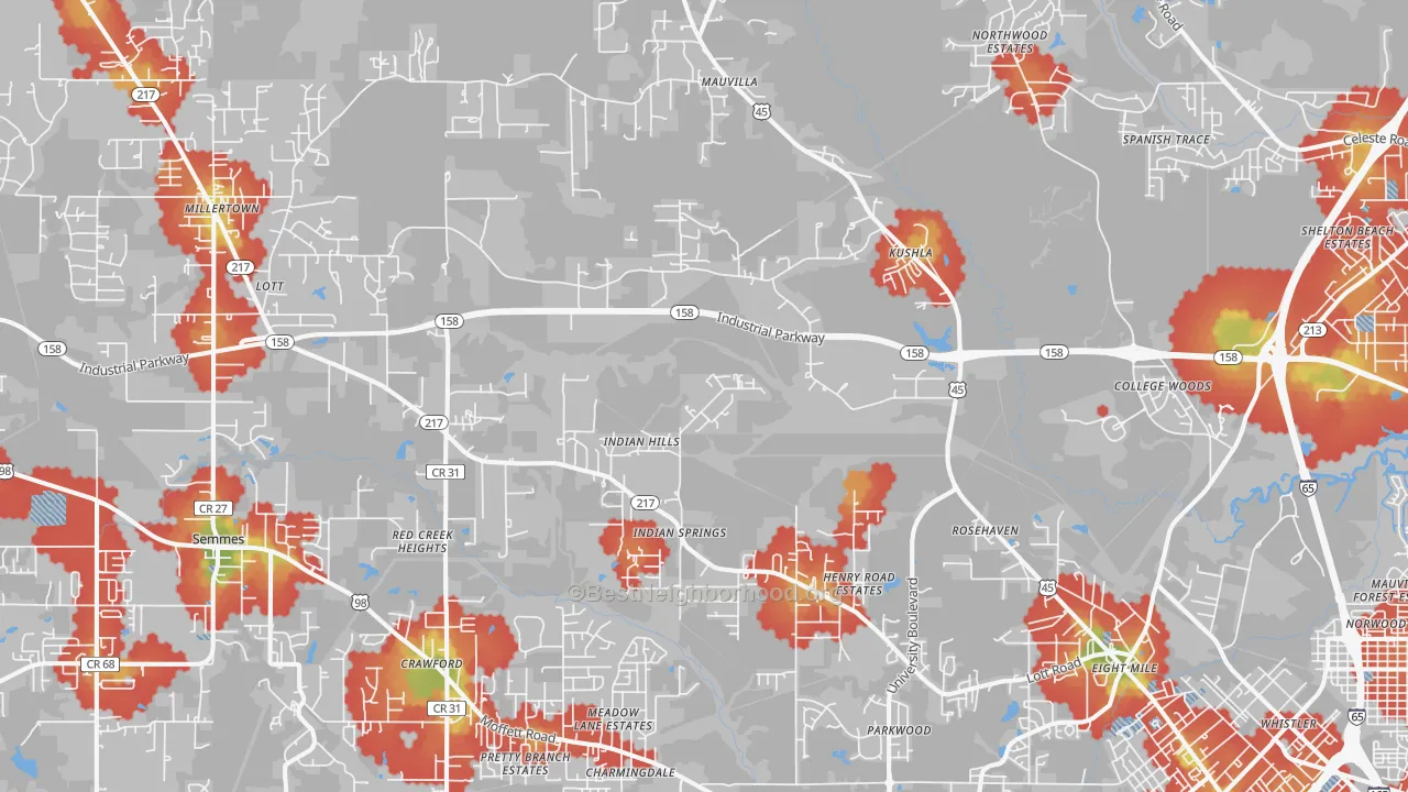 Walk Grade map of Eight Mile, AL, walkable areas in green and car-dependent areas in red